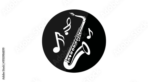 Black and white illustration of a saxophone within a circle, musical notes around