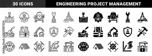 Construction and engineering hybrid symbols merging blueprint crane gear helmet cement mixer clock wrench building compass city trowel brick and level globe