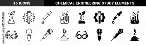 Biotechnology and laboratory research symbol set featuring hybrid concepts like flask with sprout and gear syringe in outline and solid style