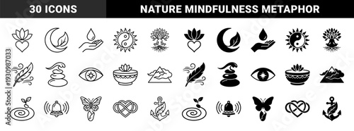 Spiritual Hybrid Symbols Merging Organic Nature Elements with Mindfulness Metaphors Featuring Dual Outline and Solid Fill Design Aesthetic