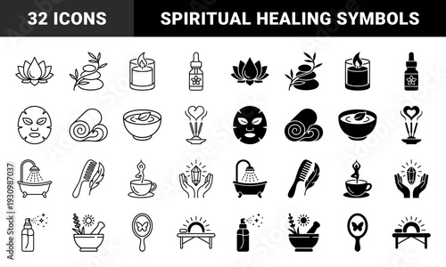 Holistic Wellness and Spiritual Healing Hybrid Icons Featuring Lotus Yoga Poses Crystal Energy and Natural Apothecary Symbols in Dual Line and Solid Style