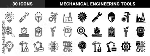 Industrial Engineering and Smart Manufacturing Hybrid Symbols Featuring Gear Bulbs Mechanical Calipers Bioengineering DNA and Automated Robotics