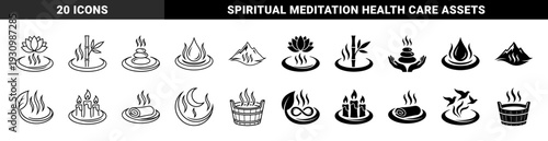 Minimalist spa and wellness emblems featuring hybrid combinations of lotus flowers bamboo stalks zen stones and aromatic steam in black and white