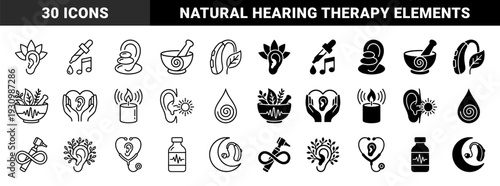 Holistic ear care and audiology symbols merging otology with natural healing elements like lotus flowers herbal medicine and zen stones