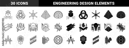 Geometric engineering and architectural hybrid symbols featuring structural blueprints merged with abstract mathematical shapes and industrial construction elements