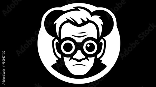 A black and white illustration of a man with large round glasses and a stern expression
