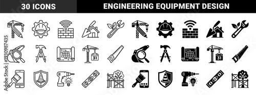 Construction and engineering hybrid icons featuring integrated tools like crane pencil gear helmet trowel house wrench leaf and hammer compass
