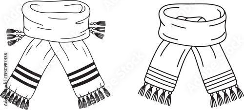 A pair of hand drawn line art winter scarves with tassels and stripe patterns in two different styles illustration