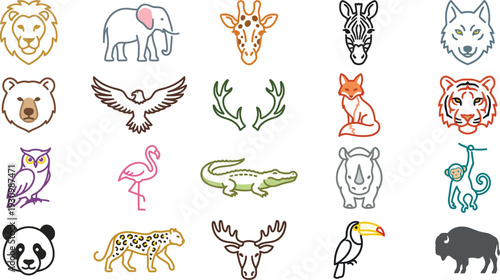 Collection of colorful, stylized line art icons representing various wild animals from diverse habitats.