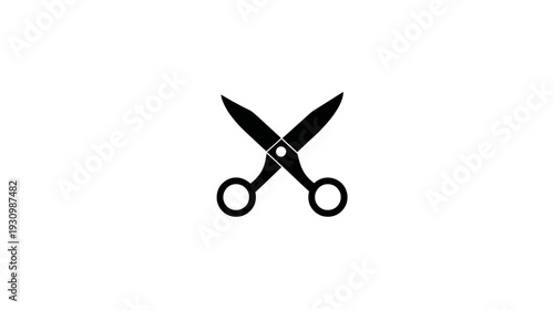 A black silhouette of scissors, with pointed blades and finger loops, centered on a white background