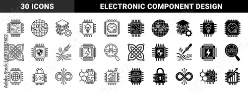 Semiconductor and hardware engineering symbols featuring hybrid combinations of microchips with analog waves clock gears and security elements