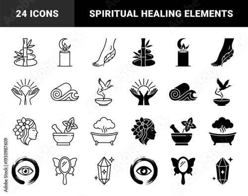 Spiritual Wellness and Holistic Therapy Symbols Featuring Hybrid Zen Elements Like Bamboo Stones Moon Candle Yoga Mat Wave and Butterfly Mirror