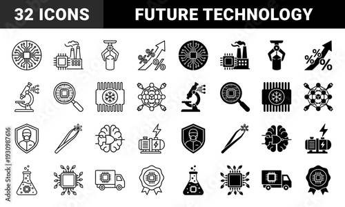 Hybrid semiconductor manufacturing and nanotechnology icons featuring integrated circuit microchips merged with laboratory equipment industrial factory and biological elements