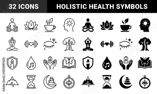 Wellness and Mindfulness Hybrid Symbols Merging Meditation Figures with Nature Elements Hourglass Clocks and Vitality Signs in Line and Solid Styles