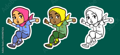 Muslim Girl Jumping with Excitement Cartoon Character