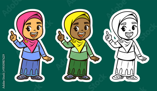 Muslim Girl Pointing Up with an Idea Cartoon Character