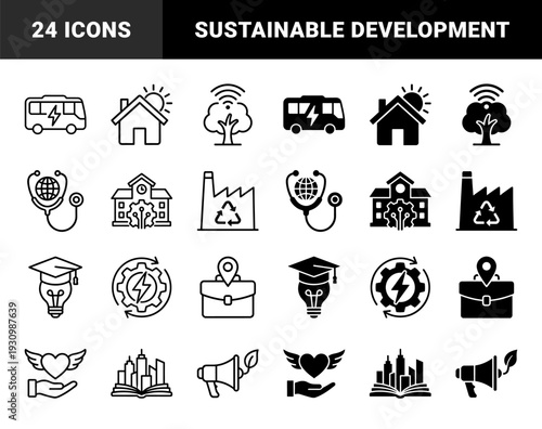 Hybrid sustainability and urban development icon set featuring combined symbols of green energy city infrastructure and eco friendly industrial technology