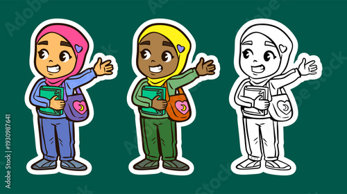 Muslim Girl Holding Books and Gesturing a Welcome Cartoon Character