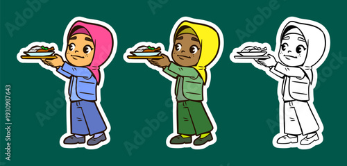 Muslim Girl Carrying a Food Tray Cartoon Character