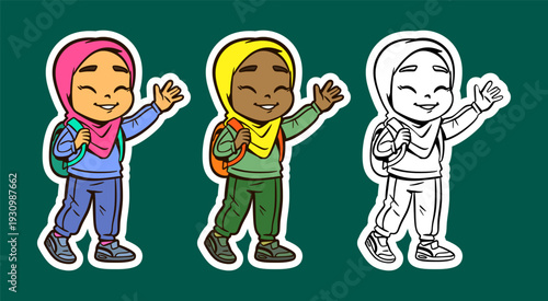 Muslim Girl Wearing a Backpack and Waving Cartoon Character