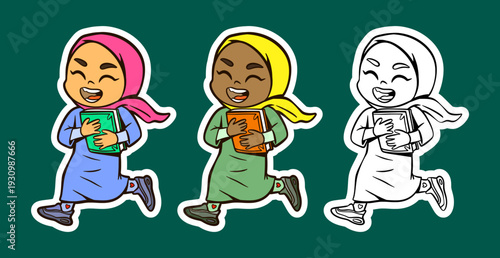 Muslim Girl Running While Holding a Book Cartoon Character