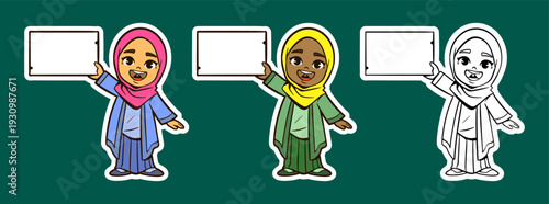 Muslim Girl Presenting a Blank Sign Board Cartoon Character