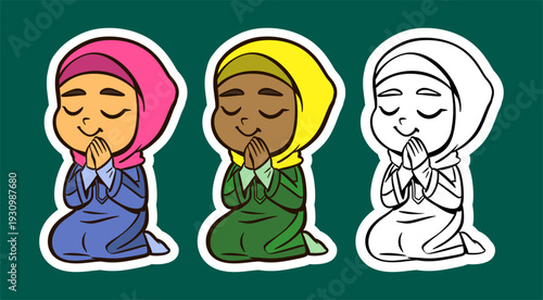 Muslim Girl Praying While Sitting Cartoon Character
