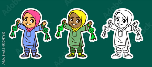 Muslim Girl Holding Ketupat for an Eid Celebration Cartoon Character