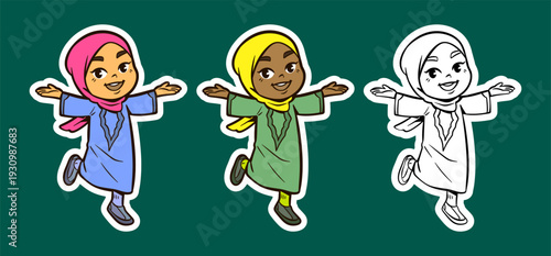 Muslim Girl Jumping with Open Arms Cartoon Character
