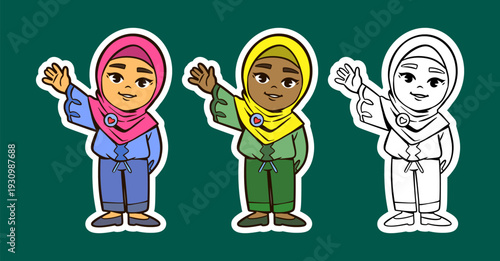 Muslim Girl Waving Hello with a Friendly Smile Cartoon Character
