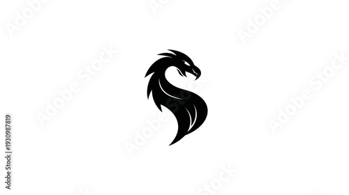 A stylized black dragon in profile, curved, with a defined head and flowing body