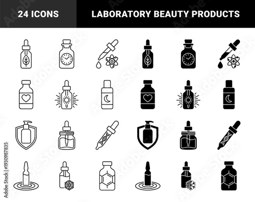 Skincare and laboratory hybrid dropper bottles and apothecary jars featuring symbolic icons for sun protection dna repair and chemical compounds