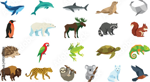 A diverse collection of geometric polygonal animals showcasing modern wildlife illustrations and vector icons.