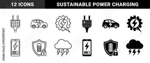 Sustainable energy hybrid icons featuring solar panel electrical plugs and battery power management symbols in outline and solid versions