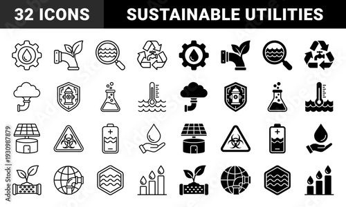 Sustainable utility and water management icons featuring hybrid conceptual designs merging industrial hardware with organic environmental symbols for green technology