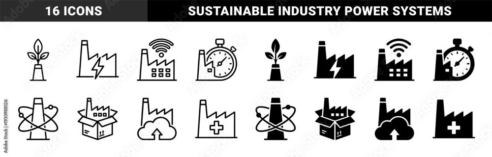 Fototapeta premium Industrial hybrid manufacturing and smart factory symbols featuring factory silhouettes merged with nature leaves energy bolts time clocks and cloud storage