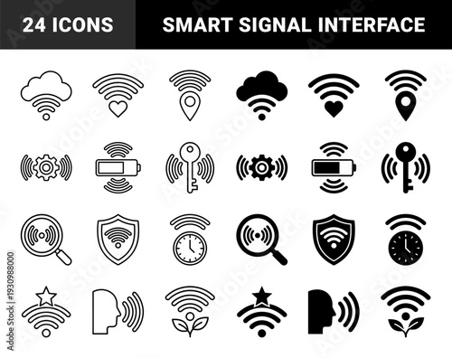 Hybrid wireless signal communication symbols merging wifi waves with cloud heart location pin gear battery key magnifying glass shield clock star and foliage