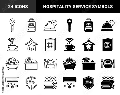 Hospitality and travel service icons featuring hybrid concepts merging hotel amenities with location pins luggage and guest comfort symbols in dual line and solid styles