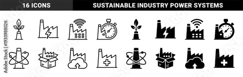 Industrial hybrid manufacturing and smart factory symbols featuring factory silhouettes merged with nature leaves energy bolts time clocks and cloud storage