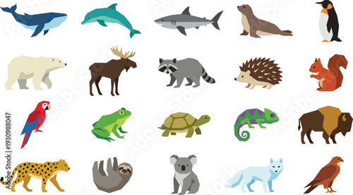 Collection of various polygonal wild animals depicted in a modern flat design style.