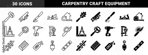 Hybrid woodworking and carpentry tool symbols featuring integrated gear mechanisms and organic elements in dual outline and solid silhouette styles