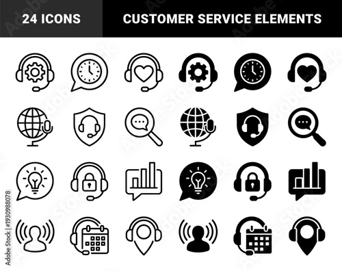 Hybrid Customer Support Symbols Merging Headsets with Gear Heart Globe Shield Clock Magnifier Lightbulb Lock Chart Signal Calendar and Map Location Pin