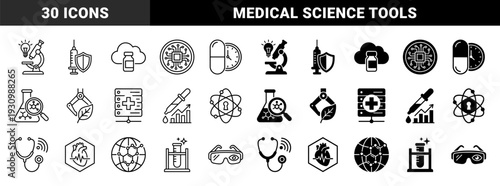 Biotechnology and pharmaceutical research hybrid icons featuring laboratory equipment merged with medical symbols and digital data elements for healthcare innovation