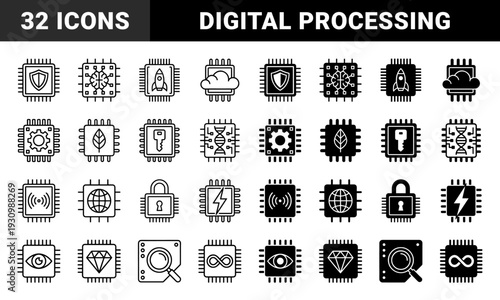Hybrid microchip technology symbols featuring integrated hardware processing elements with cloud computing security and biometric data analysis imagery