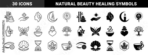 Wellness and Holistic Therapy Symbols Featuring Hybrid Designs Combining Nature Elements With Spiritual Yoga And Spa Ritual Objects In Dual Line And Solid Styles