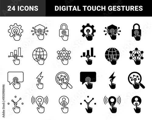 Interactive interface touch point icons merging finger gesture silhouettes with system symbols like gears shields globes locks and data charts for digital navigation