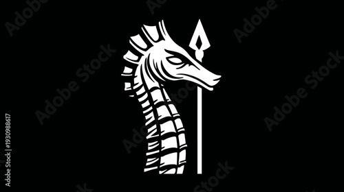 A stylized seahorse illustration in white against a black background, with a spear