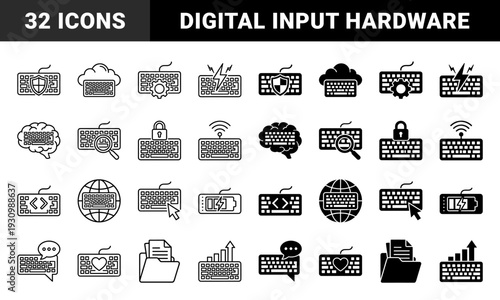 Keyboard Computer Peripheral Symbols Merged with Data Security Analytics Cloud Computing and Communication Elements for Digital Workflow Interface Design