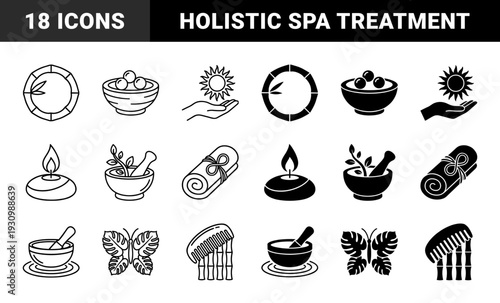 Wellness and holistic therapy hybrid symbol set featuring bamboo circles massage stones sun palm harmony and botanical apothecary mortar pestle designs