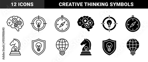 Conceptual hybrid symbols merging lightbulb ideas with strategic elements including brain gears chess knight compass target shield and infinity loop
